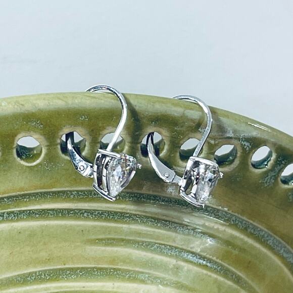 Vtg Sterling Silver 925 Cz Heart Cz Lever Back Earrings Simulated Diamond - Picture 4 of 8